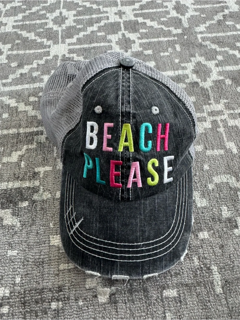 Katydid Gray Trucker Hat Distressed Multicolor Embroidered Letters BEACH PLEAS